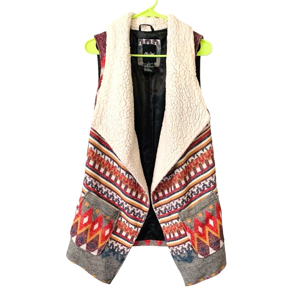 ME JANE Southwestern Women’s M Asymmetrical Vest Sherpa Collar Open Wool Blend